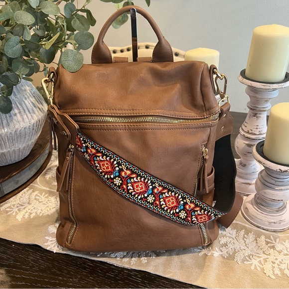 Antik Kraft Brown Two-Way Bag Backpack/Shoulder with Embroidered Strap - Picture 9 of 13